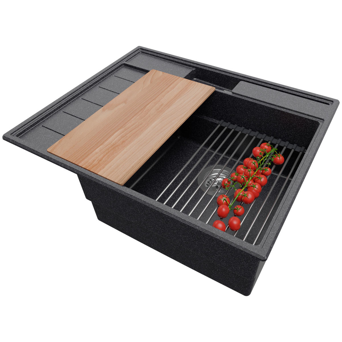 SPÜLBECKEN Sydney Pocket, 2-er set Anthrazit 62/53 cm 1 Becken + Ablauf-Set + Küchenzubehörset ab 45er Unterschrank - Chromfarben/Anthrazit, Kunststoff (62/20/53cm) - Primagran