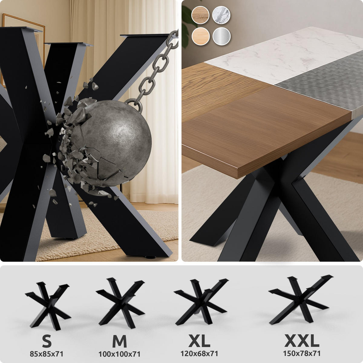 TISCHBEIN eckig 150/78/71 cm Metall Schwarz - Schwarz, Metall (150/71/78cm) - CLP