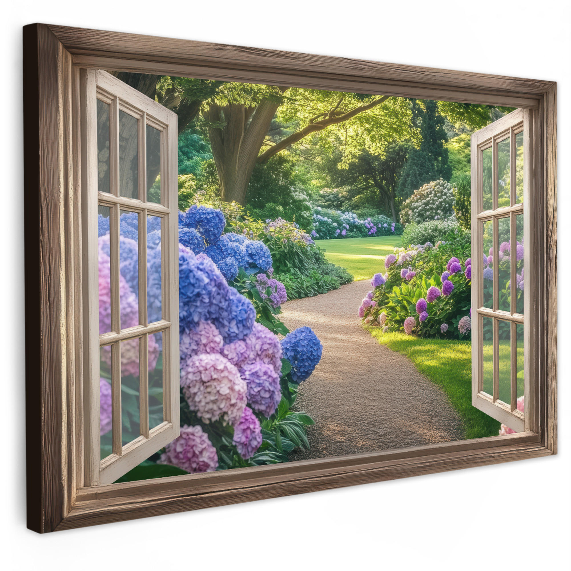 LEINWANDBILD Aussicht - Garten - Fenster - Hortensie - Blumen Wohnzimmer 120x80 cm - Pastellblau, Textil (120/80cm) - MuchoWow