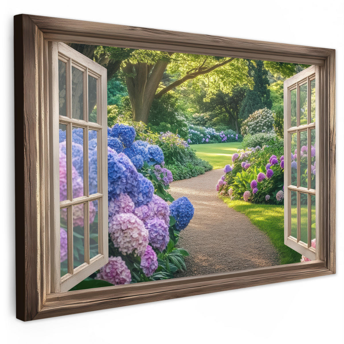 LEINWANDBILD Aussicht - Garten - Fenster - Hortensie - Blumen XXL 150x100 cm - Pastellblau, Textil (150/100cm) - MuchoWow