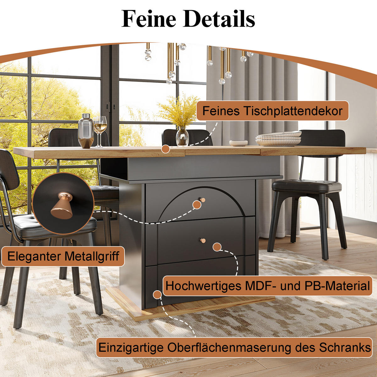 ESSTISCH Ausziehbarer aus MDF mit Stauraum & Klapptür, 110–140/80/75 cm, Schwarz/Natur - Schwarz, Holzwerkstoff (110/80/75cm) - Redom