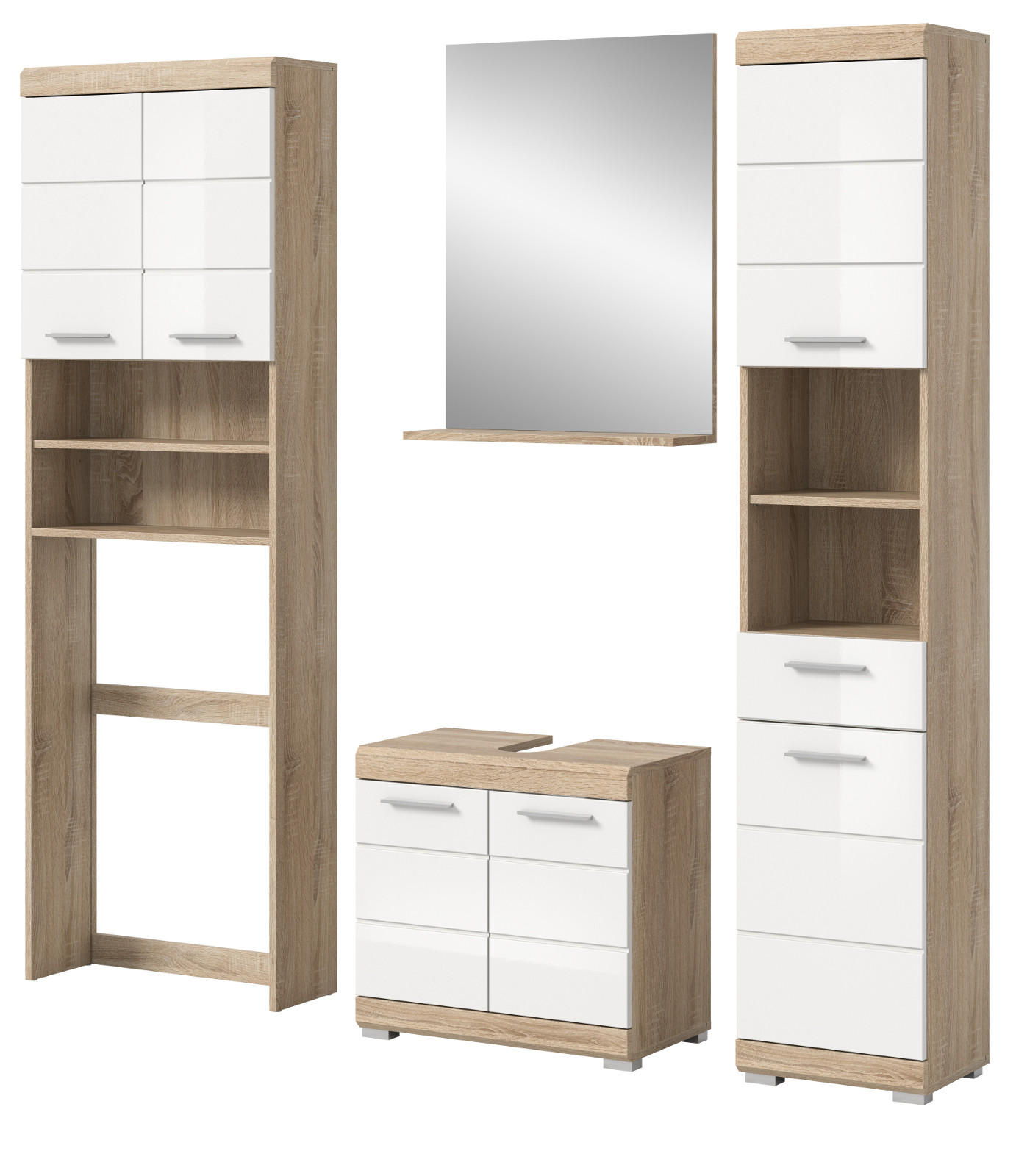 BADMÖBEL-SET weiß Hochglanz, Eiche 4-teilig 190 cm, Komplettset mit viel Stauraum - Weiß Hochglanz/Eichefarben, Glas/Holzwerkstoff (190/191/34cm) - Inn.Furn