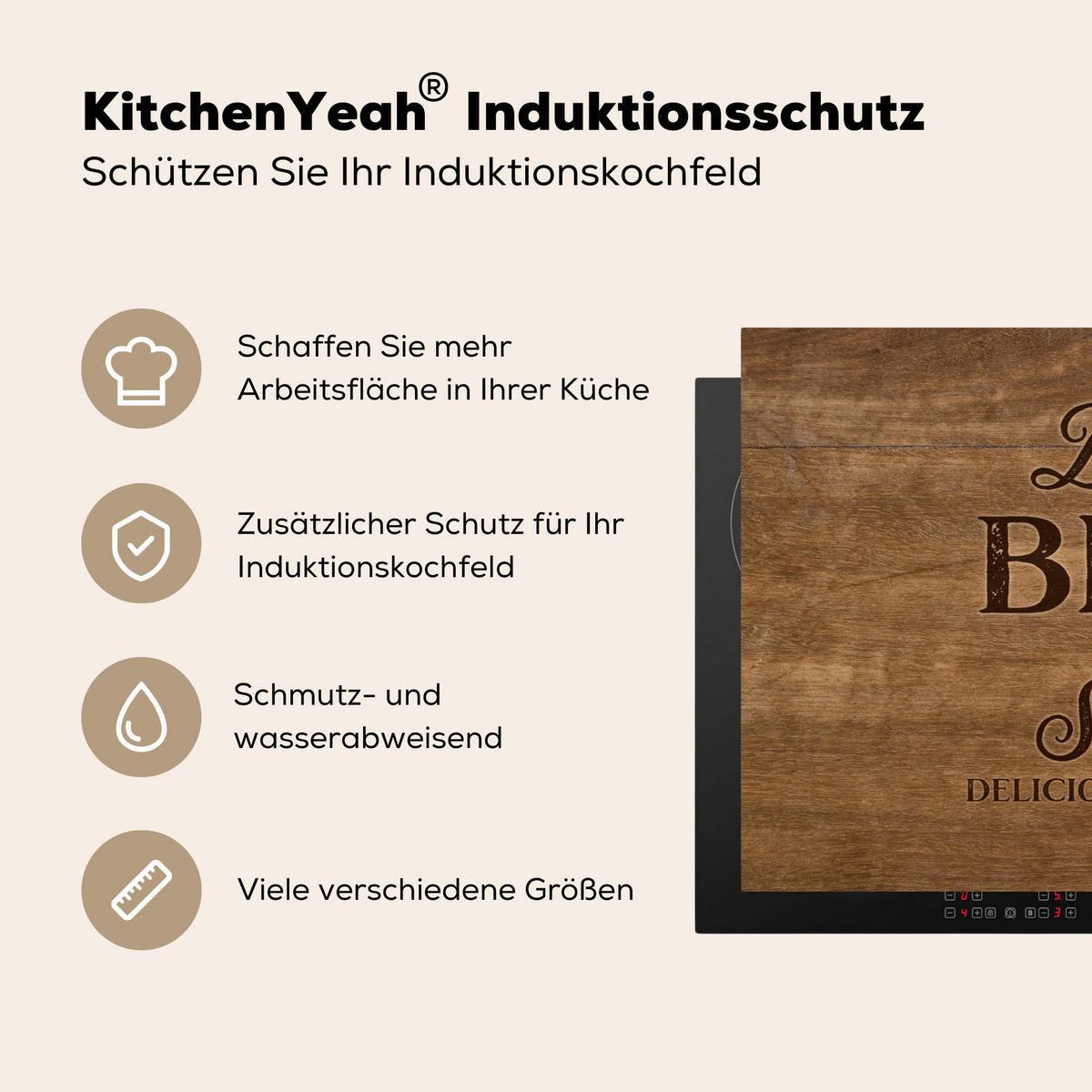 HERDABDECKPLATTE Zitat - Bistro - Guten Appetit - Süßes Zuhause - Holzmaserung 90x52 cm - Braun, Kunststoff (90/0.2/52cm) - MuchoWow