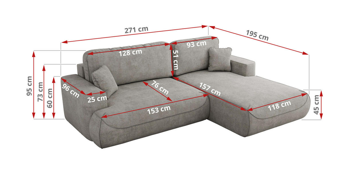 ECKSOFA OVO L Hellgrau Struktur - Rechts Seite - Hellgrau/Schwarz, Kunststoff/Textil (195/271cm) - MKS