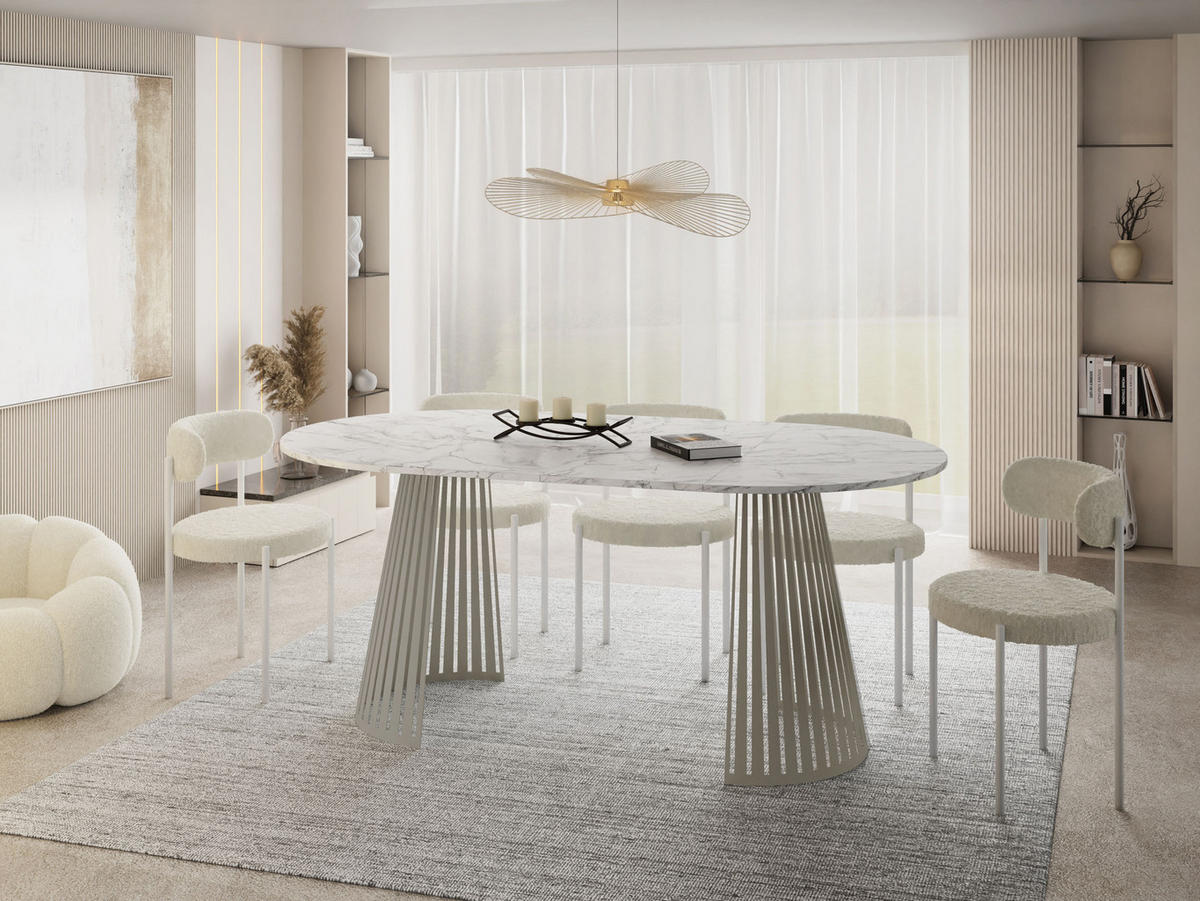 ESSTISCH Naro rund ausziehbar mit Lamellen-Metallgestell in Grau-Beige, Marmor Weiß 120-200/120/76 cm - Kaschmir/Ecru, Holzwerkstoff/Metall (120/120/76cm) - WFL GROUP