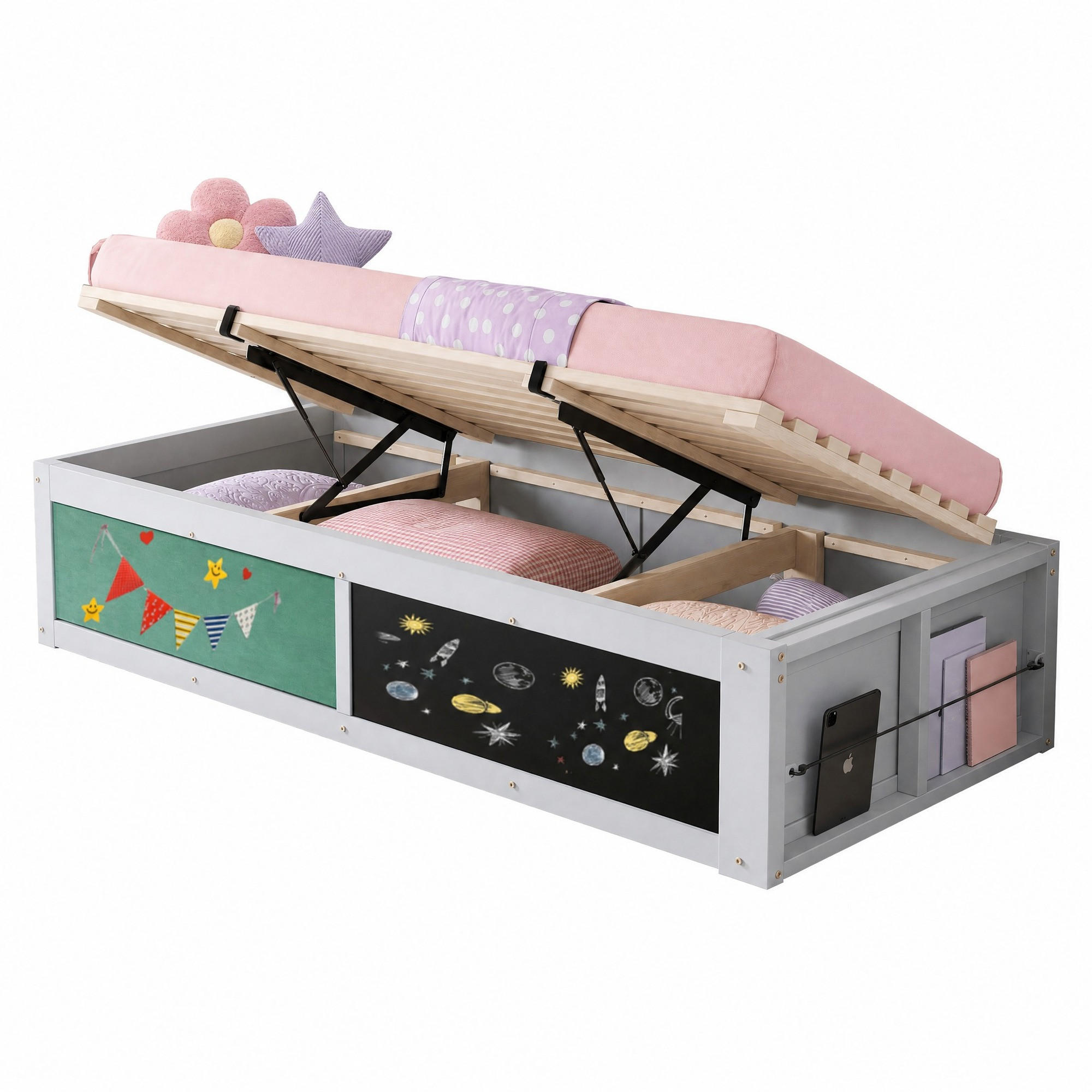 KINDERBETT 90/200 mit Bettkasten, Schreibplatte und Stauraum in Grau - Grau, Holzwerkstoff (90/200cm) - EVRYAE