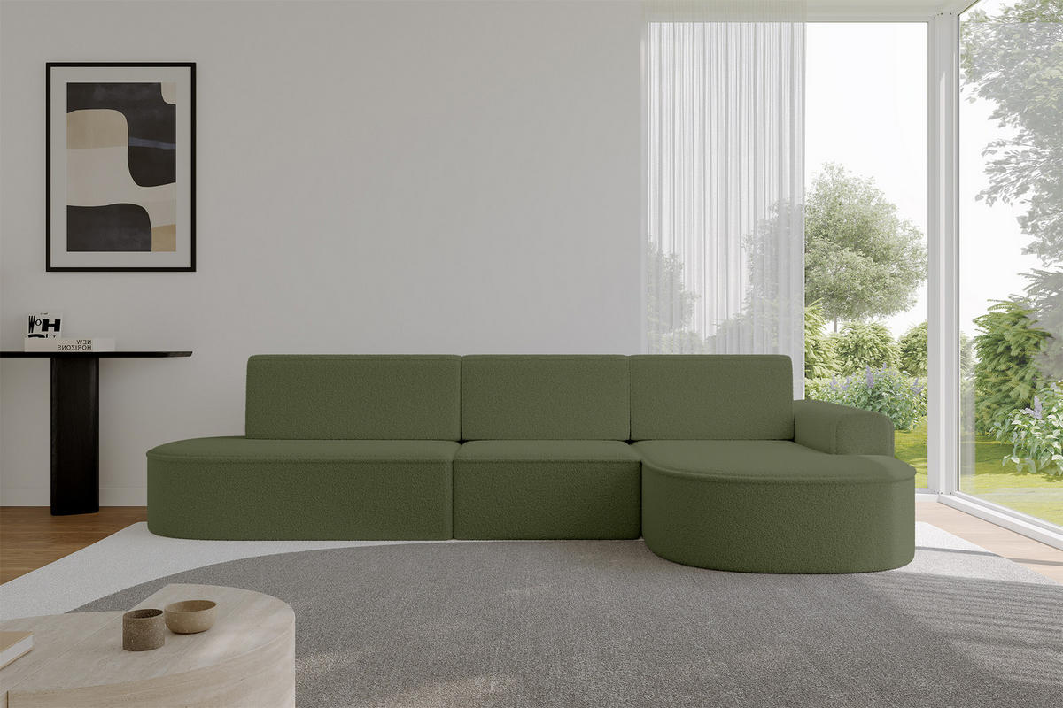 ECKSOFA mit Schlaffunktion Ottomane RECHTS MARI L2-S 368X167X85 Grün Bouclé - Schwarz/Grün, Holzwerkstoff/Kunststoff (167/368cm) - ALTDECOR