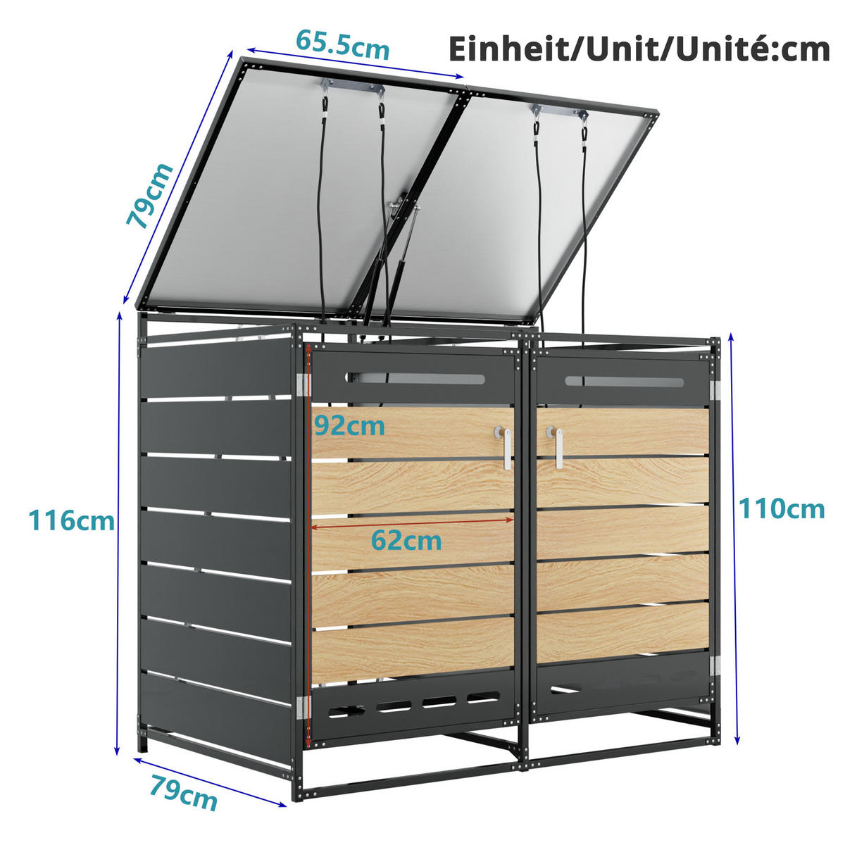 MÜLLTONNENBOX Hydraulik Deckel Holzoptik horizontal Schloss - Schwarz, Metall (131/116/79cm) - LEBENLANG