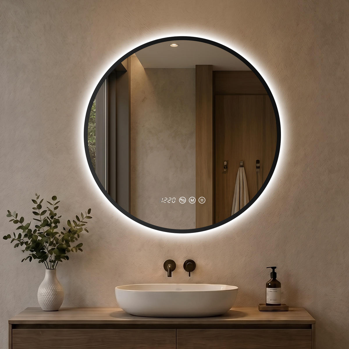 BADSPIEGEL mit Beleuchtung 60 cm rund schwarz mit Aluminiumrahmen, LED dimmbar und Antibeschlag - Schwarz, Glas (60/60/3.3cm) - S'AFIELINA