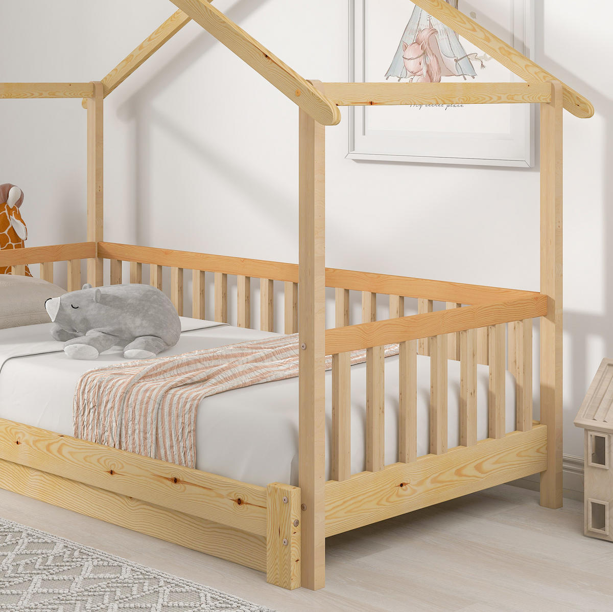 HAUSBETT 90/200 cm Natur aus massivem Holz ausziehbar - Naturfarben, Holz (90/200cm) - OKWISH