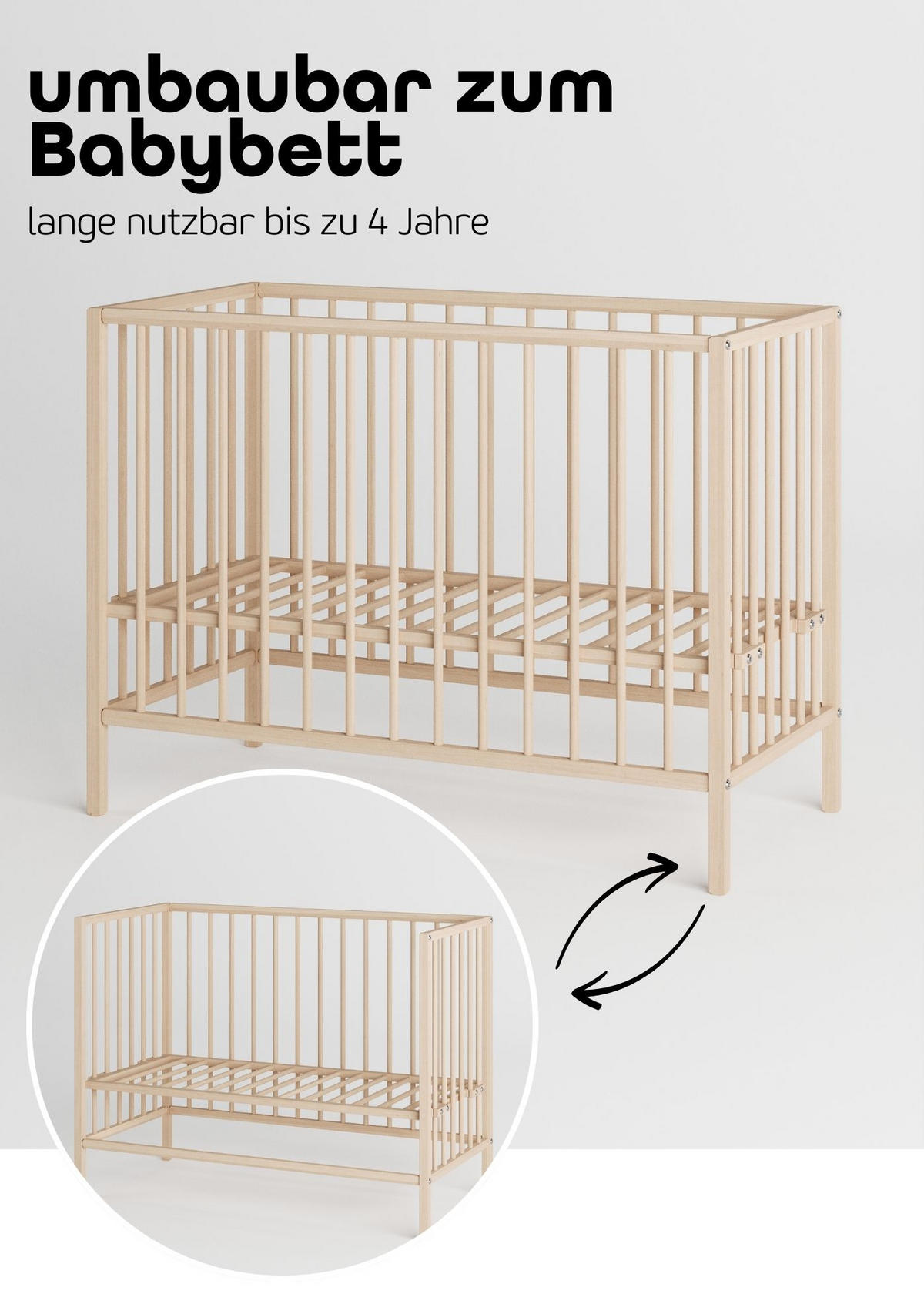 BEISTELLBETT 60x120 cm mit Umbauseite - natur - Dreamy 4 in 1 Bett - Naturfarben, Holz (120/90/60cm) - Sämann – make a difference.