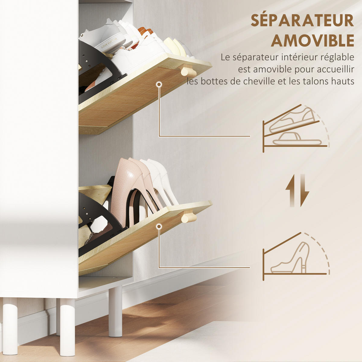 SCHUHSCHRANK DE-15057 3 Klapptüren mit geflochtener Resin-Optik Natur - Weiß, Holzwerkstoff (65/153/24.5cm) - ComfortXL