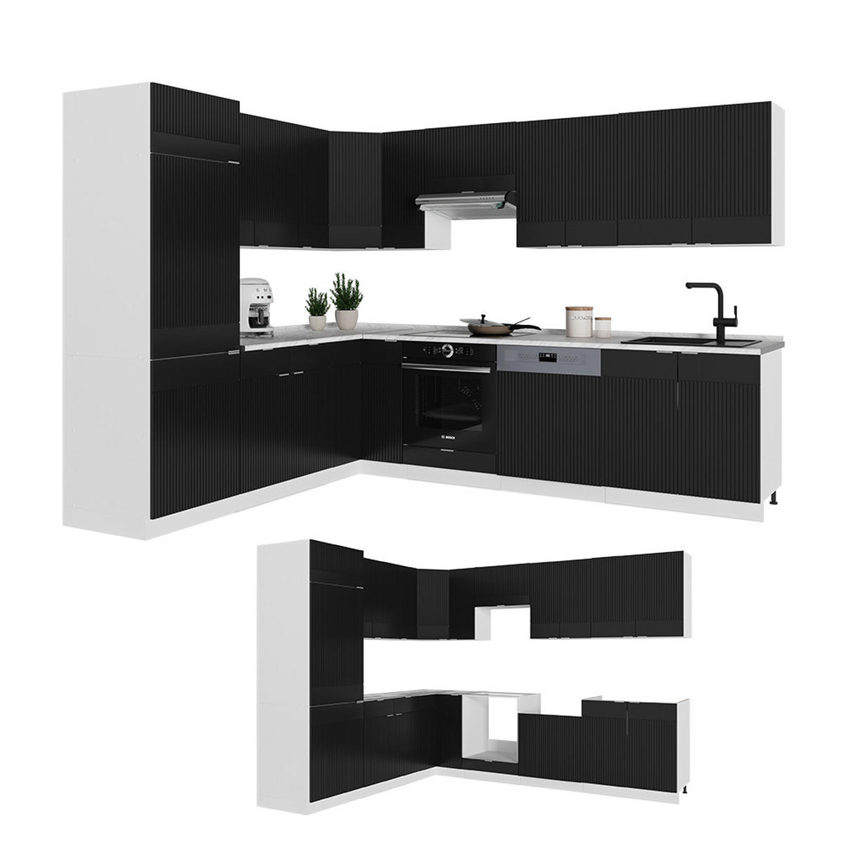 ECKKÜCHE Fame-Line, Schwarz gestreift/Weiß, 227 x 287 cm, AP Anthrazit - Schwarz/Weiß, Holzwerkstoff (287/81.6/60cm) - Vicco