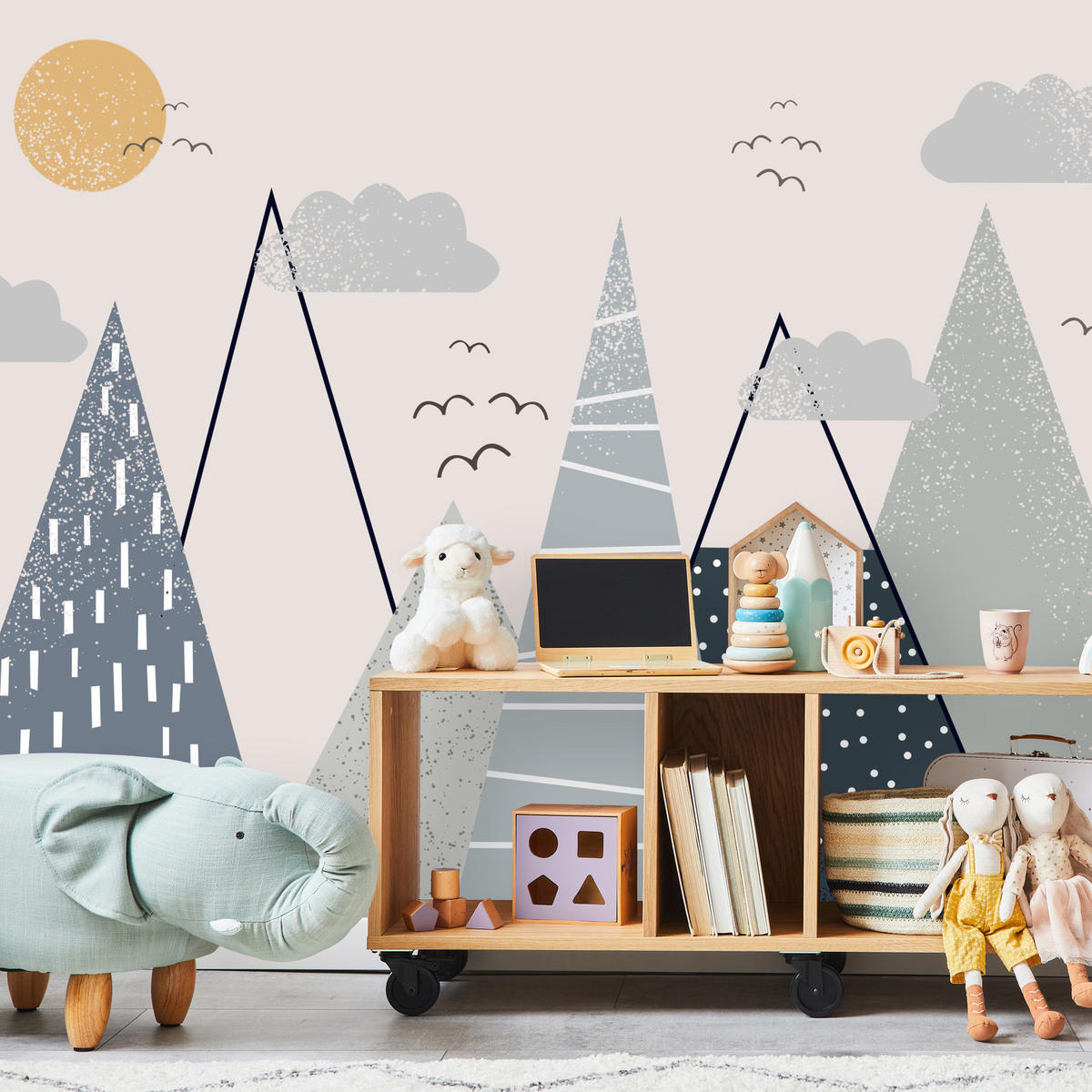 FOTOTAPETE für Kinder Berge im skandinavischen Stil 300x210 - Beige/Schwarz, Papier (300/210cm) - Muralo