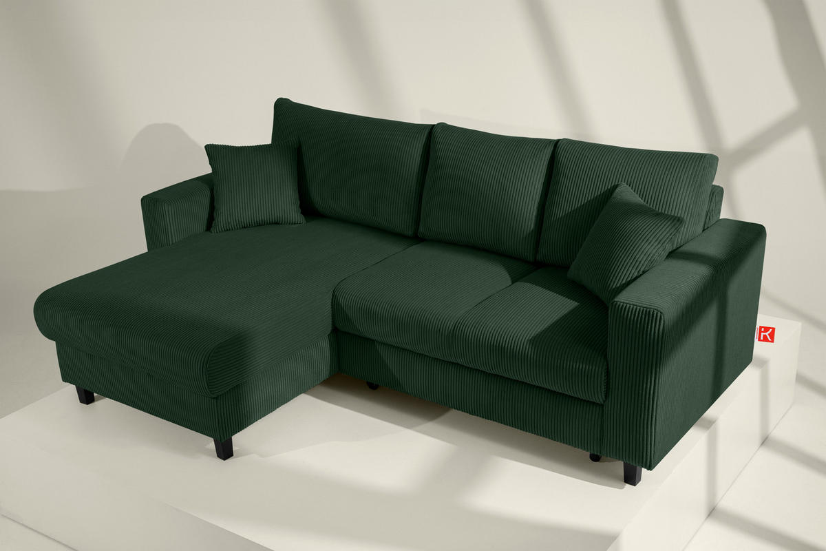 ECKSCHLAFSOFA EGRET Links mit Bettkasten, Cord-Stoff, dunkelgrün - Dunkelgrün, Textil (234/90cm) - KONSIMO®