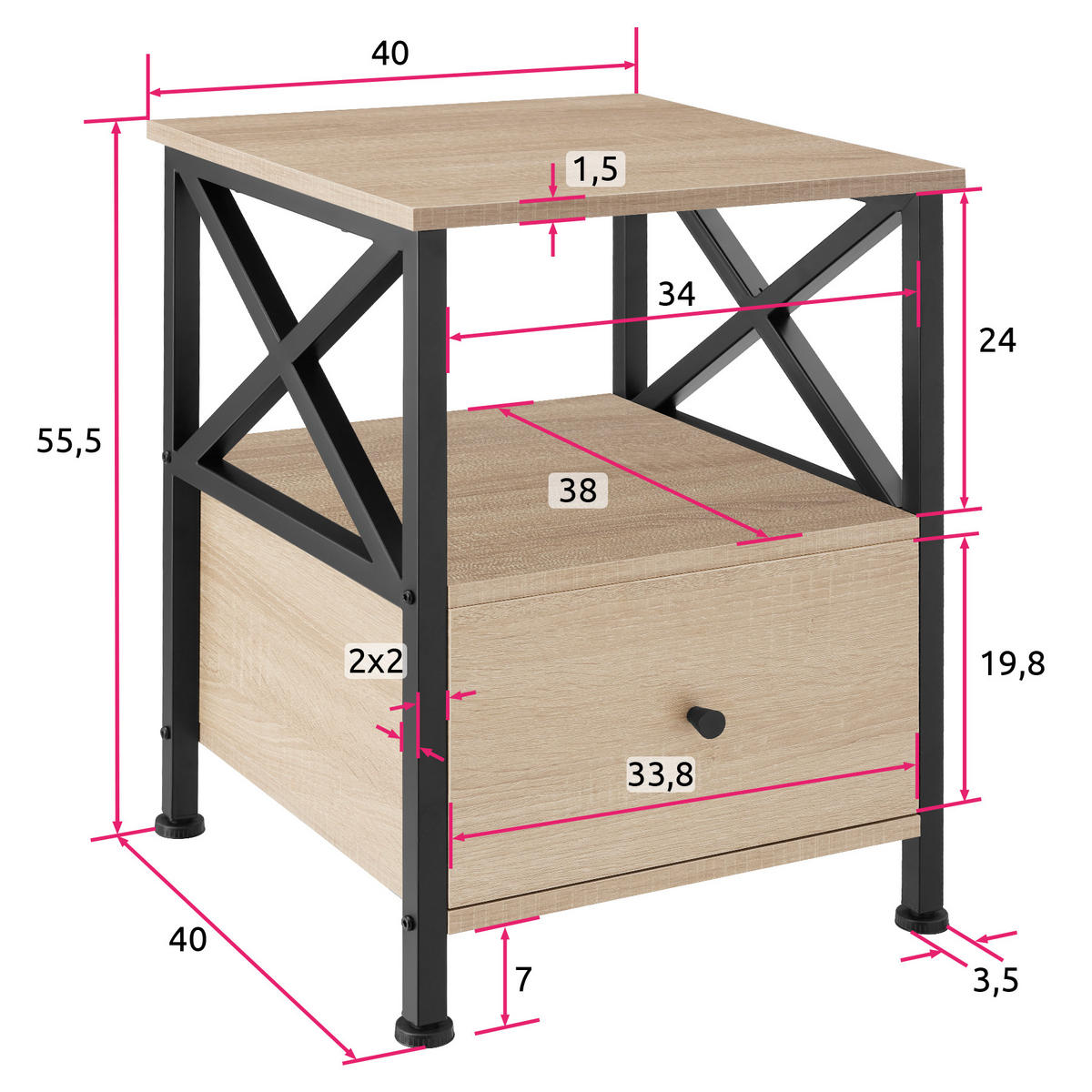 NACHTSCHRANK Falkirk, 40 x 41,5 x 55,5 cm, Industrial Holz hell, Eiche Sonoma - Naturfarben, Holzwerkstoff (40/55.5/41.5cm) - tectake