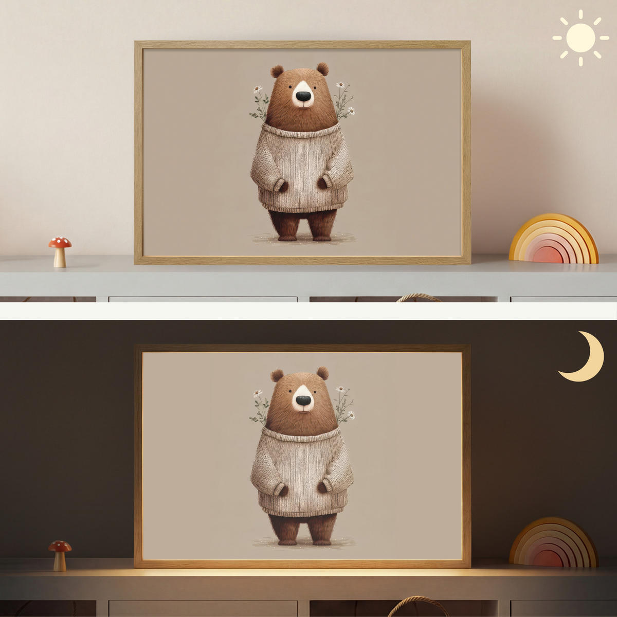 NÁSTĚNNÁ LAMPA S AKUMULÁTOREM Medvěd - Bílé květy - Cosy 60x40 cm - šedohnědá, kompozitní dřevo (60/40/8cm) - OnlyWow