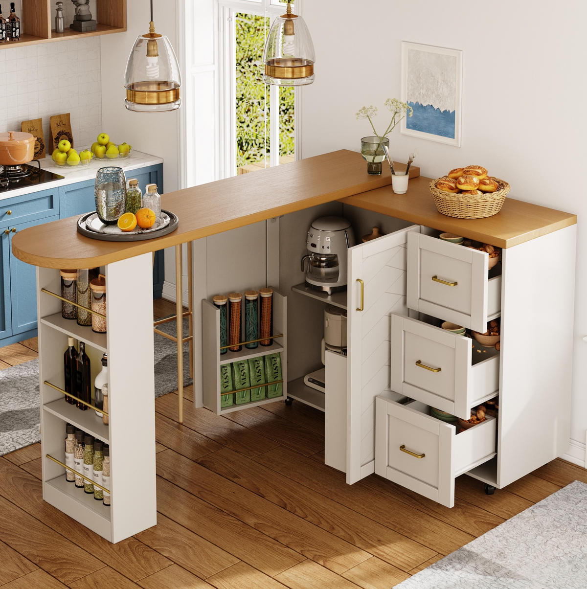 BARSCHRANK Barwagen ausziehbar mit Schrank, 3 Schubladen & Rollen, 135-228/39/104 cm, Weiß, - Weiß, Holzwerkstoff (39/104/135cm) - Redom