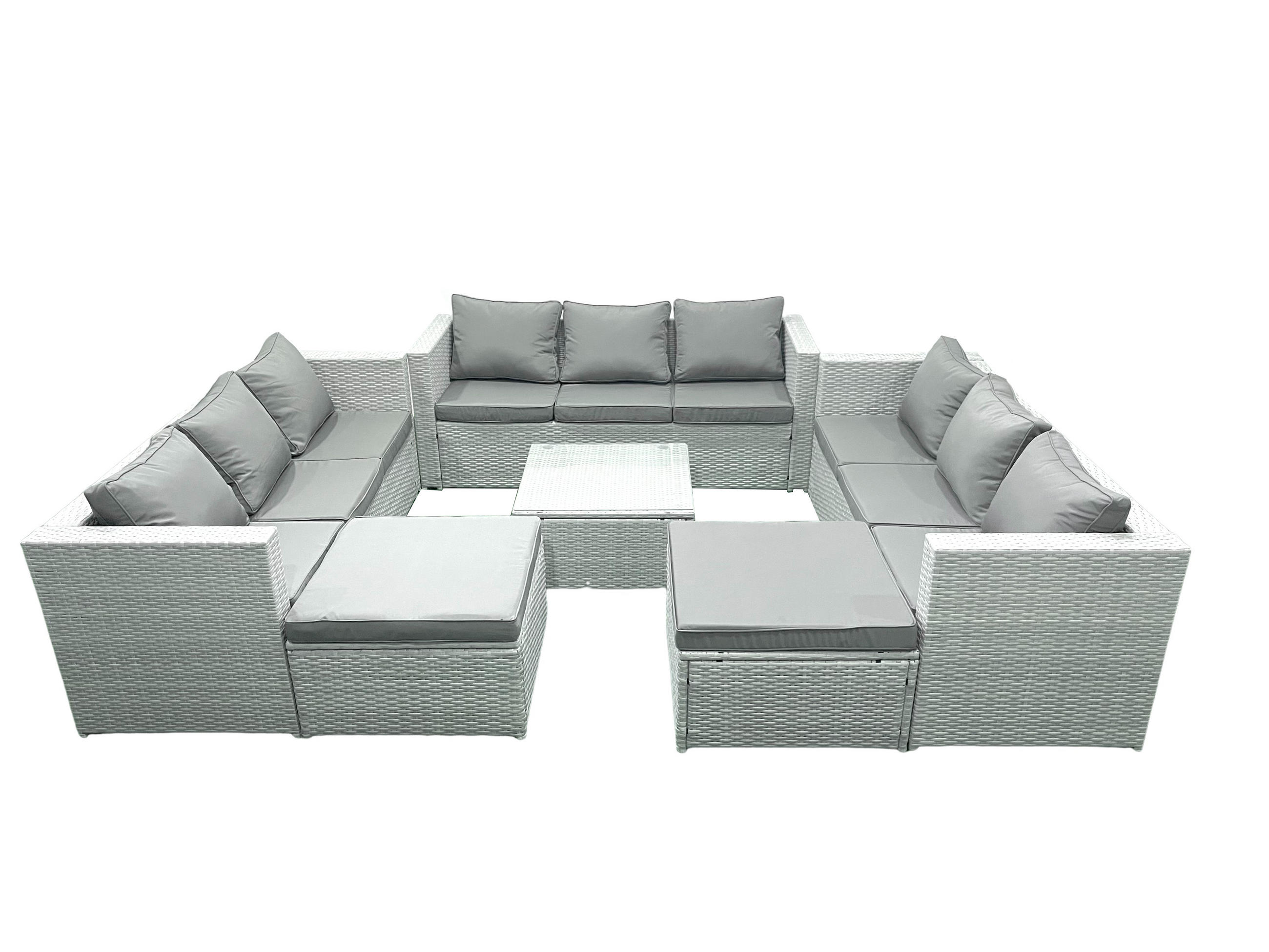 GARTENMÖBELSET mit 3-SITZER SOFA,COUCHTISCH Polyrattan Hellgrau-Mix 11-Sitzer - Hellgrau/Grau, Glas/Kunststoff - Fimous