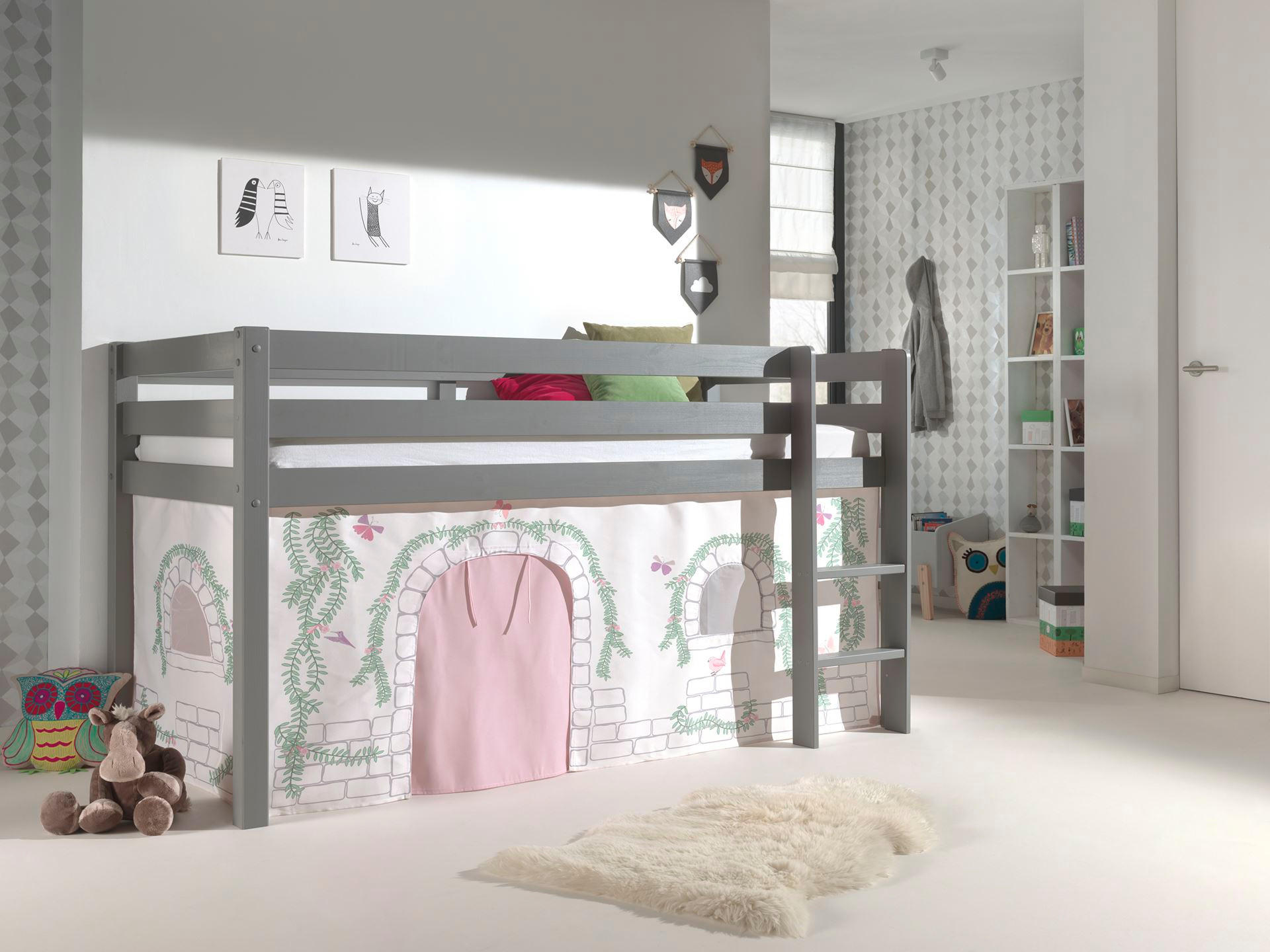 KINDERBETT Karolina 210x114x106 Massivholz Grau Textilset Burg 1 - Hellgrau/Grau, Holz (90/200cm) - 58aufmkessel