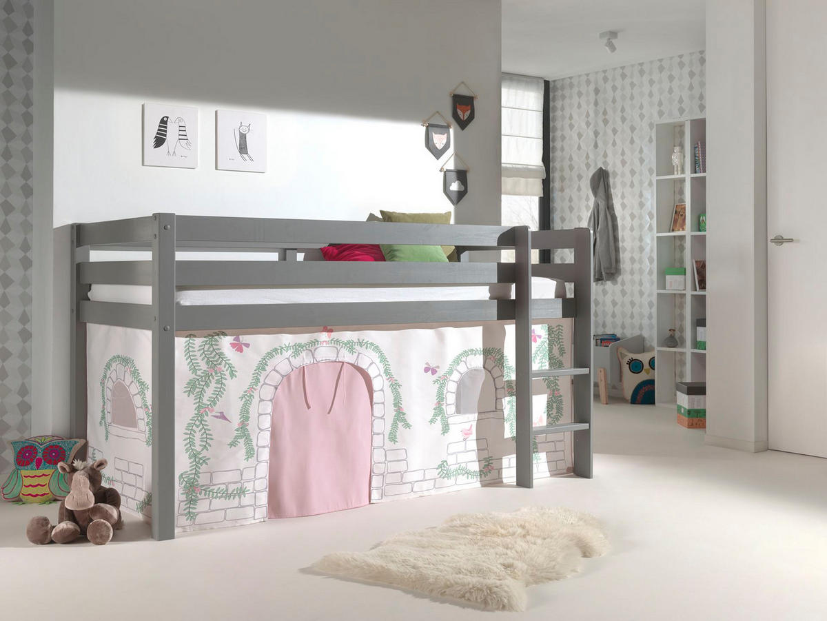 KINDERBETT Karolina 210x114x106 Massivholz Grau Textilset Burg 1 - Hellgrau/Grau, Holz (90/200cm) - 58aufmkessel