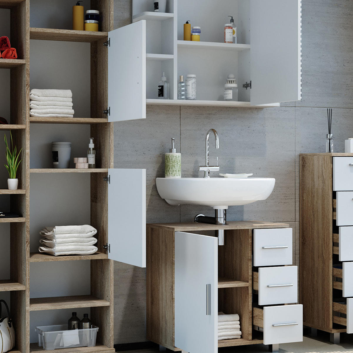 BADMÖBEL-SET Ilias Sonoma 4 Teile - Weiß/Sonoma Eiche, Holzwerkstoff (60/60/33cm) - Vicco