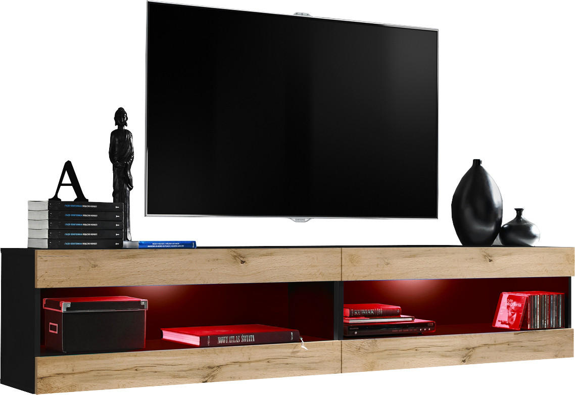 WOHNWAND 2-er Set, TIVOLI SET4 mit mehrfarbige LED RGB Beleuchtung Schwarz + Wotan, Offener Raum - Eiche Wotan, Glas/Holzwerkstoff (200/41/35cm) - Komodee