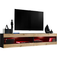 WOHNWAND 2-er Set, TIVOLI SET4 mit mehrfarbige LED RGB Beleuchtung Schwarz + Wotan, Offener Raum - Eiche Wotan, Glas/Holzwerkstoff (200/41/35cm) - Komodee