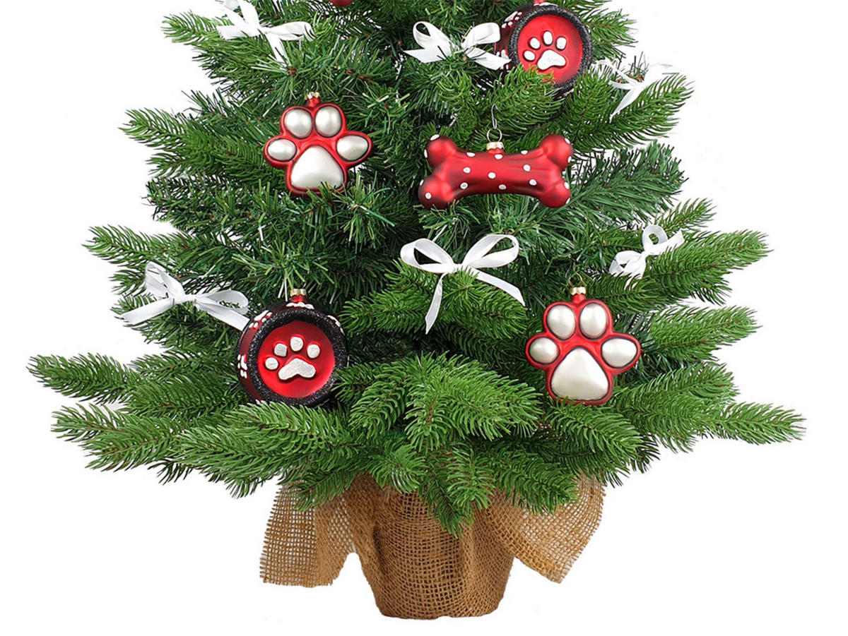WEIHNACHTSBAUM geschmückt künstlich Ornamenten HUND TREE 60 cm mit LED-Beleuchtung in pot - Rot/Weiß, Kunststoff (40/60cm) - LAALU