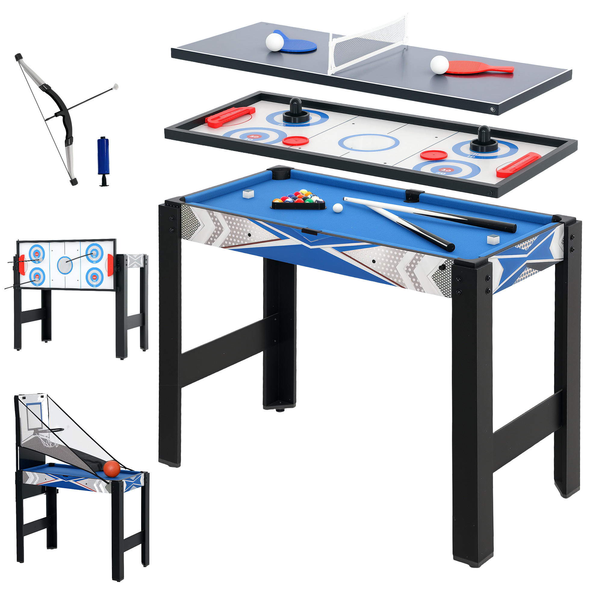 SPIELETISCH, Billard, Tischtennis, Hockey, Basketball, Bogenschießen - Blau, Holzwerkstoff