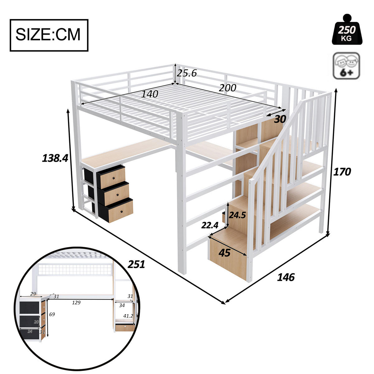 HOCHBETT 140/200 cm in Weiß mit 4 Schubladen, Schreibtisch und LED - Weiß, Holzwerkstoff/Metall (140/200cm) - STILVORA