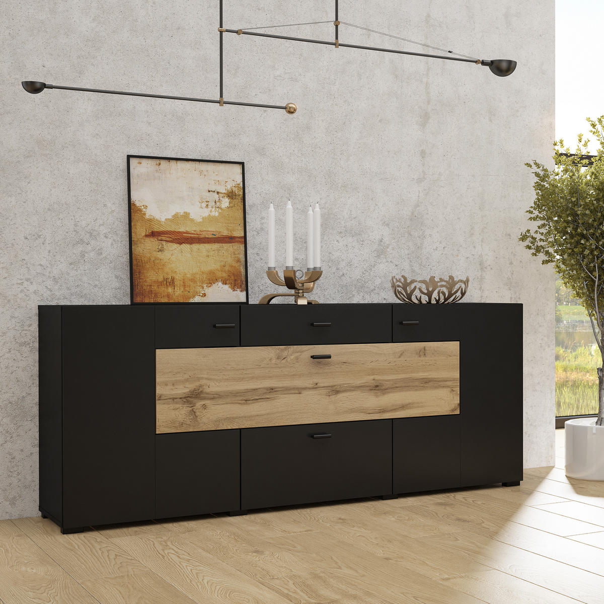 SIDEBOARD CORRADO 165/71/39 cm mit 2 Schubladen und 2 Türen Schwarz - Schwarz, Holzwerkstoff (165/71/39cm) - MASSENO