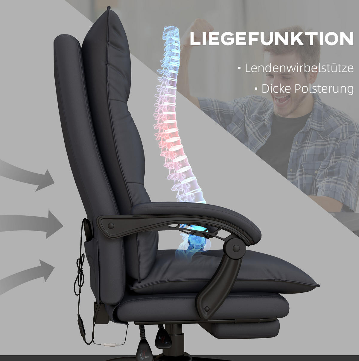 DREHSTUHL 66/74/114-121,5 cm, mit Massage & Heizfunktion, höhenverstellbar, dunkelgrau - Dunkelgrau, Kunststoff (74/121.5/66cm) - Redom