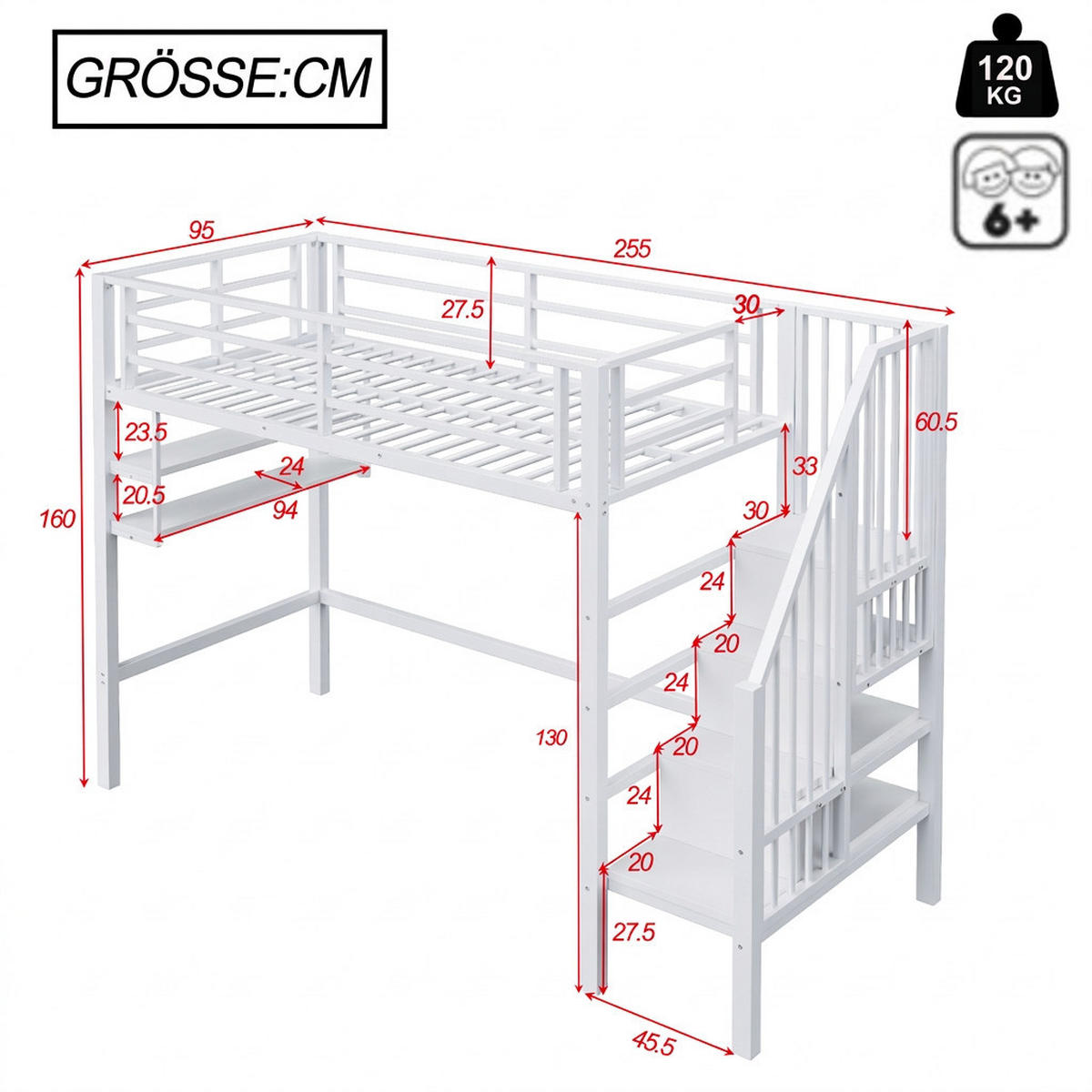 HOCHBETT 90/200 cm Weiß mit Einlegeböden und Stauraumleiter - Weiß, Metall (90/200cm) - Oxeza