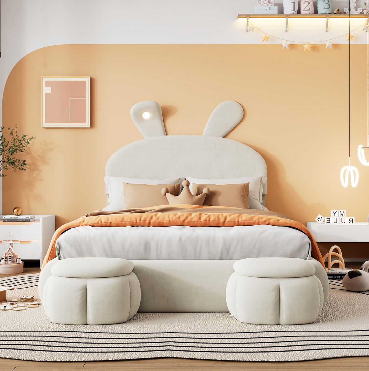 TAPECIRANI krevet 140/200 cm s LED osvjetljenjem, hidrauličnim spremištem i 2 taburea, Bež - bijela, tekstil (140/200cm) - Redom