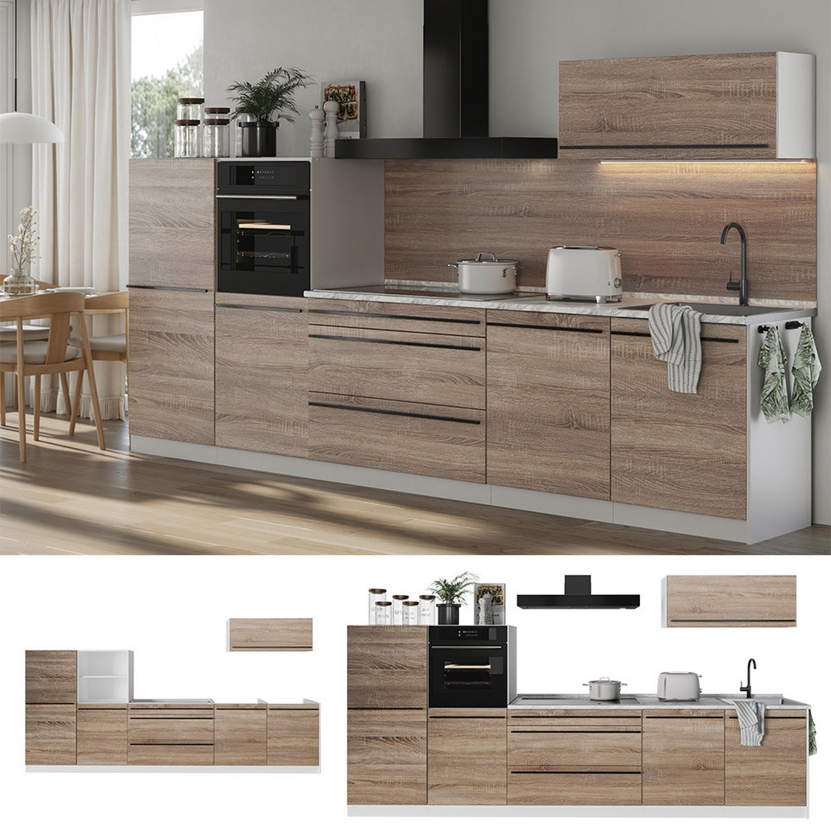 KUCHYNKA R-Line, Sonoma/biely, 340 cm antrasiitti työtaso - biela/dub sonoma, kompozitné drevo (340/143/60cm) - Vicco