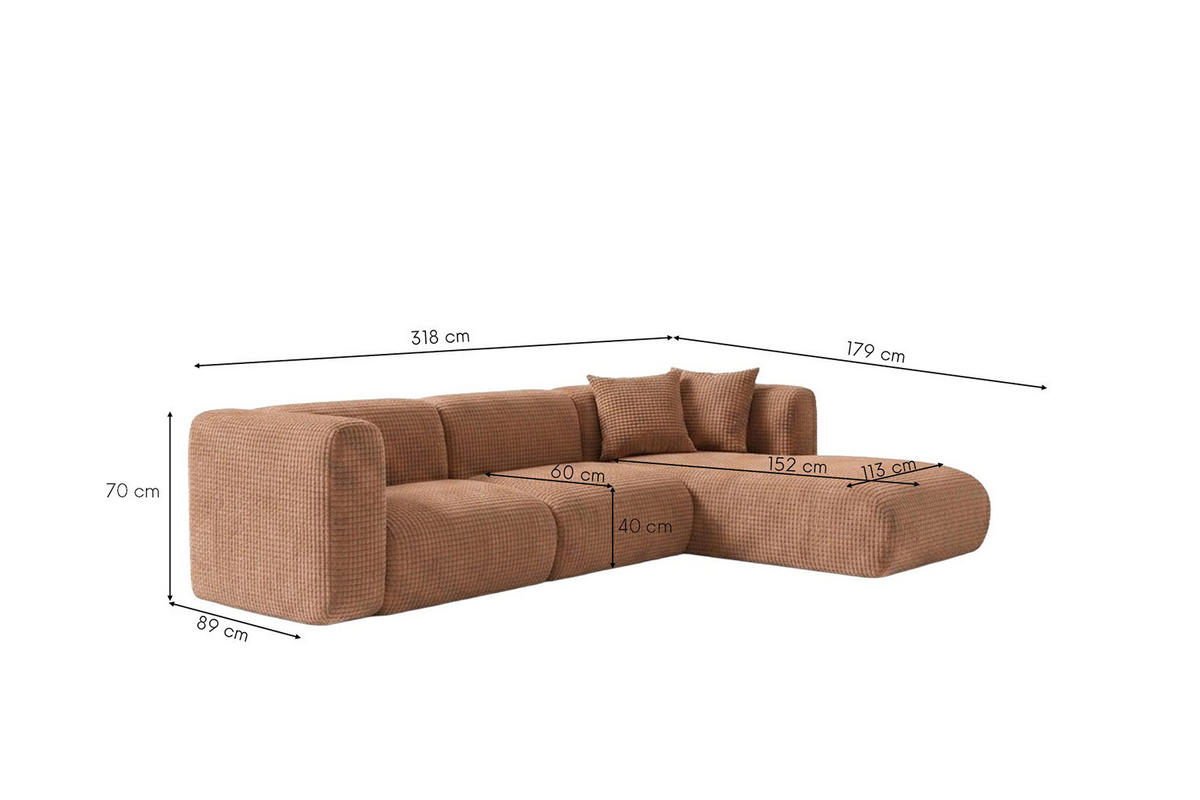 ECKSOFA L-Form, Chenille-Stoff Cremona, Hellbraun, Rechts, GRETA - Hellbraun, Holz (318/179cm) - Kaiser Möbel