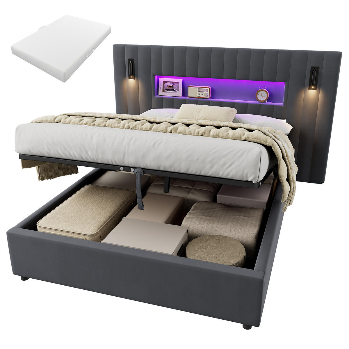 POLSTERBETT 140×200 Doppelbett mit Bettkasten,aus Samt mit Matratze, Grau - Grau, Textil (140/200cm) - EVRYAE