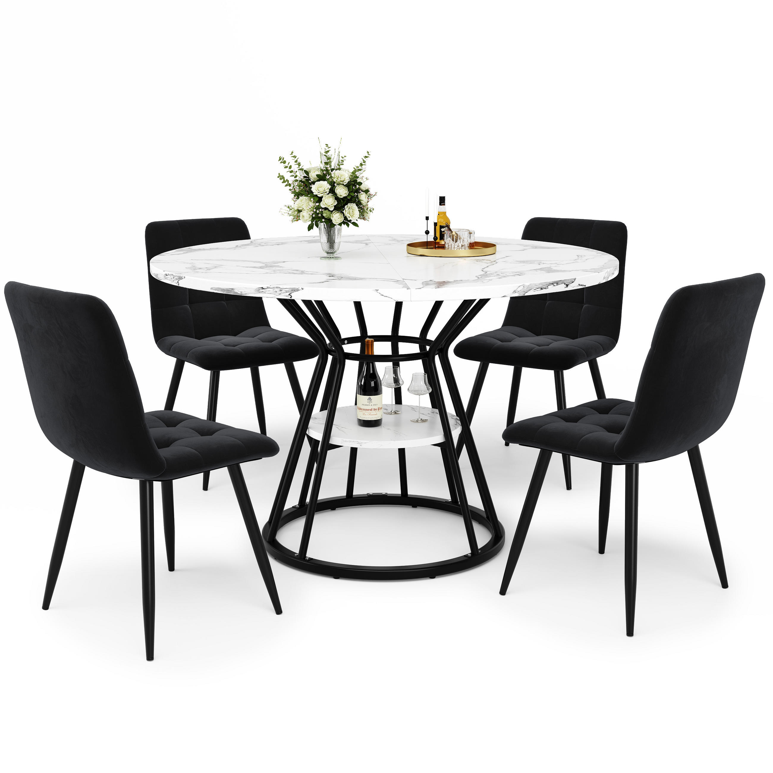 ESSTISCHSET 5-Teilig Rund 100 Cm, Marmorplatte, 4 Schwarze Samtstühle - Schwarz, Metall (71.17/17.04/76.2cm) - FLIEKS