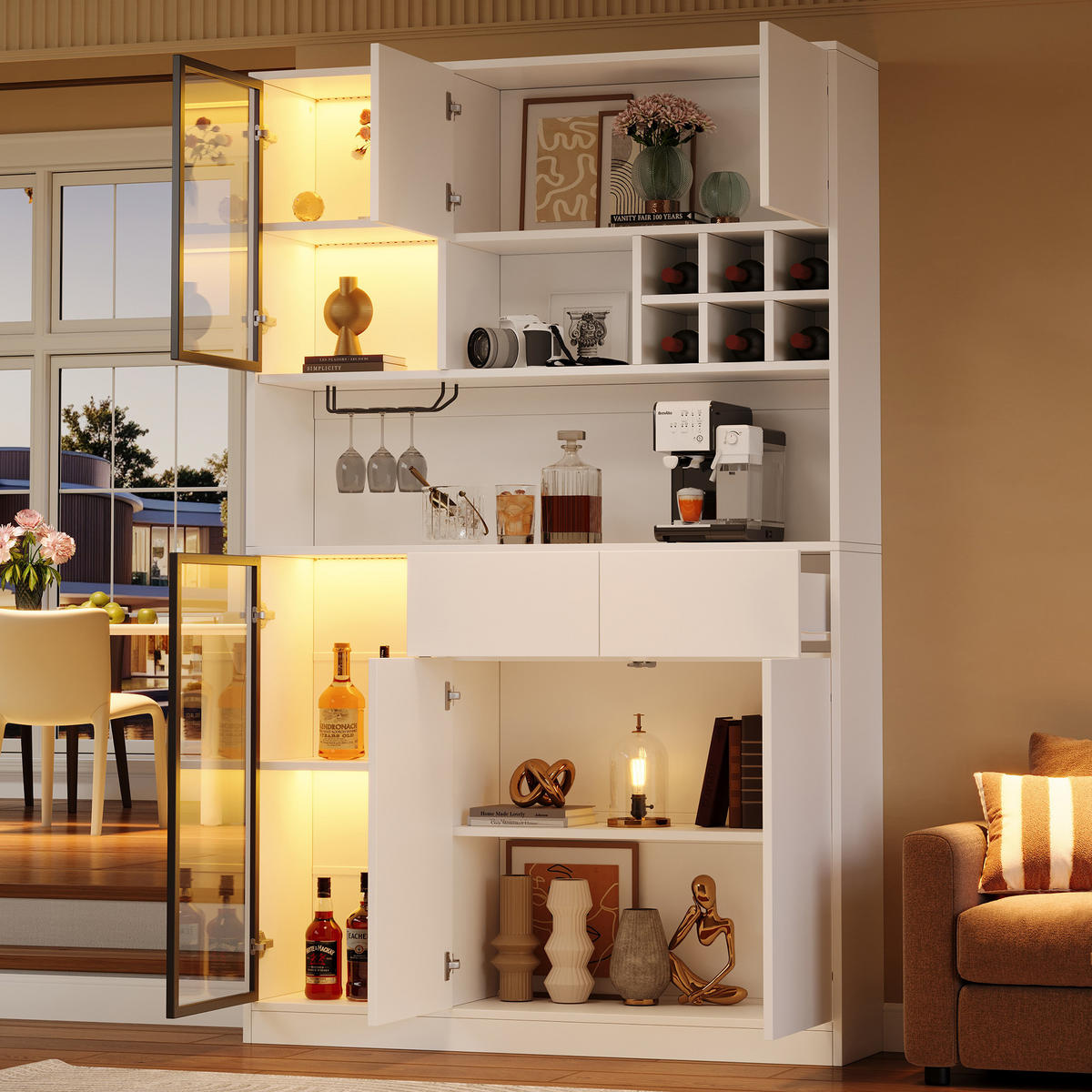 HOCHSCHRANK 120x33x200 cm mit 6 Türen, 2 Schubladen und LED - Weiß, Holzwerkstoff (120/200/33cm) - FLIEKS