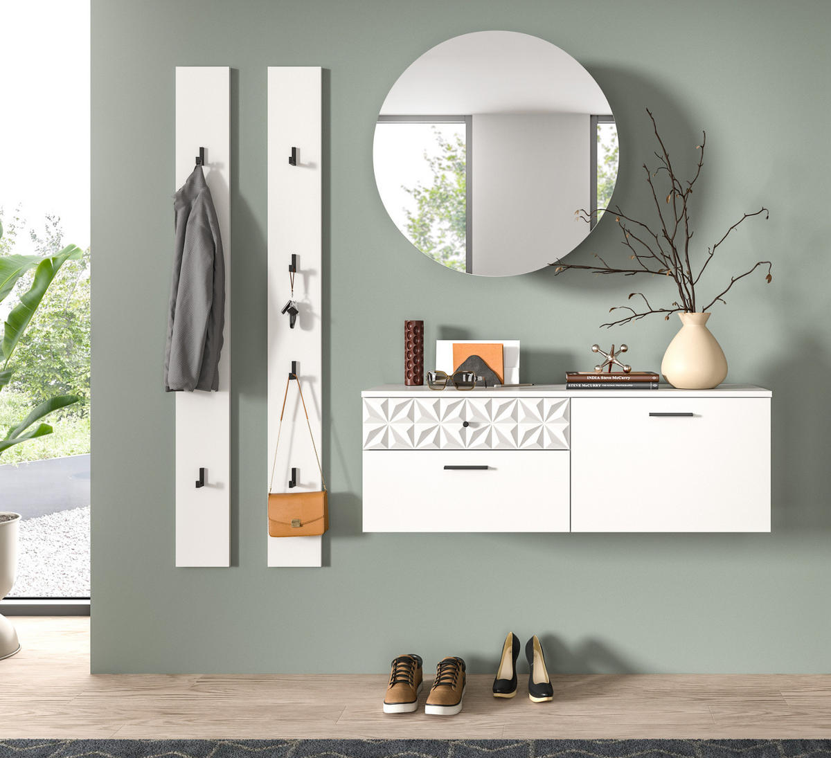 GARDEROBE Set weiß Hochglanz 172 cm, Kombination mit 3D-Struktur - Weiß Hochglanz/Schwarz, Glas/Holzwerkstoff (172/192/34cm) - Inn.Furn