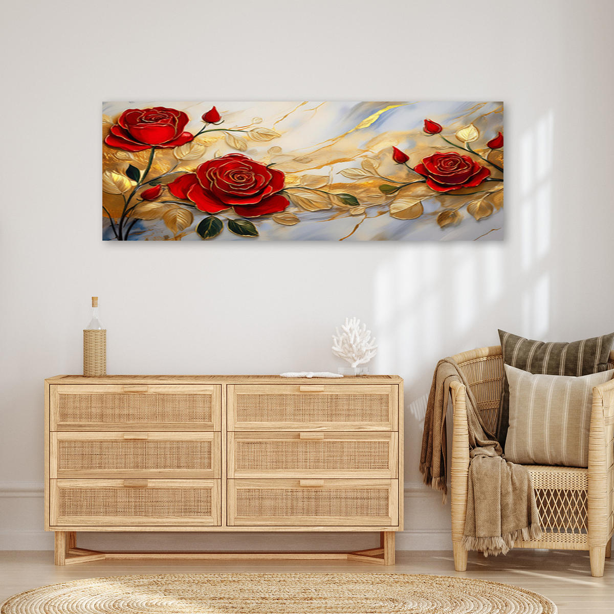 WANDBILD rosen goldblumen marmorhintergrund - Rot, Textil (90/30cm) - Feeby