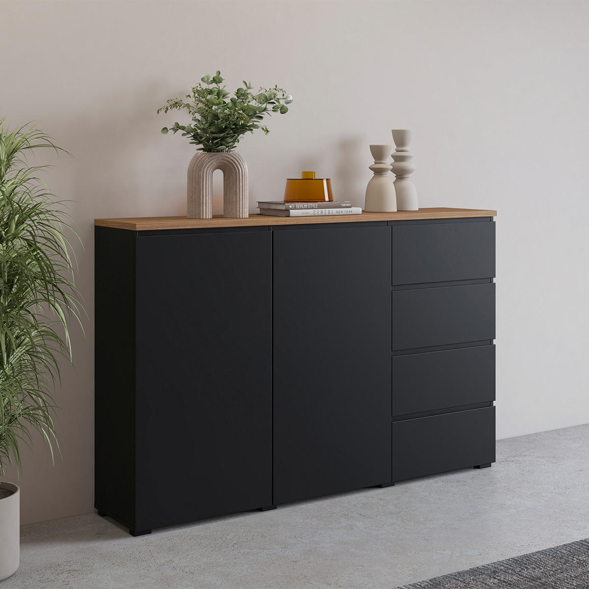 SIDEBOARD Liko Schwarz und Holz - Schwarz, Holzwerkstoff (150/100.4/34.5cm) - Petits-meubles