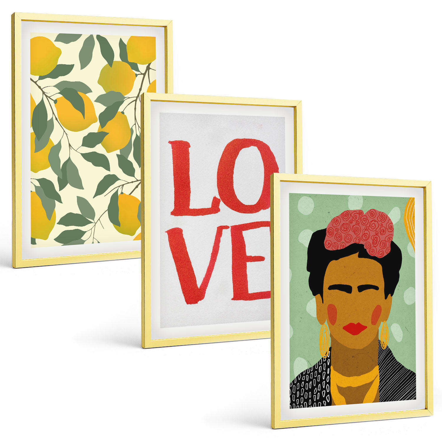 BILDER SET 3er Set - 40x60 cm Goldrahmen - Lemons LOVE Porträt von Frida - Goldfarben, Kunststoff (40/60cm) - TULUP