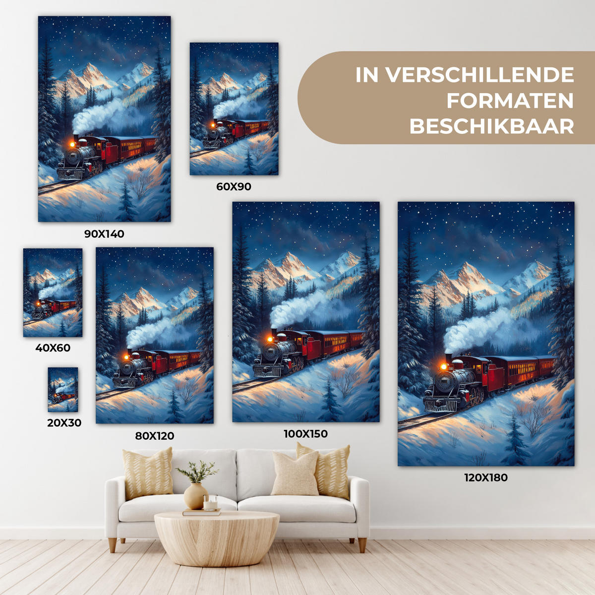 LEINWANDBILD Zug - Weihnachten - Schnee - Weihnachtszug Deko XXL 80x120 cm - Anthrazit, Textil (80/120cm) - MuchoWow