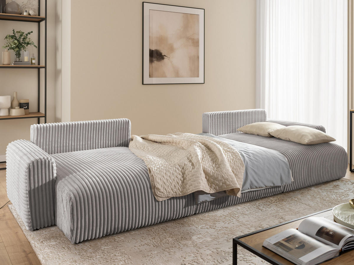 WOHNLANDSCHAFT Calma mit Schlaffunktion und Bettkasten im Bumpy-Design aus weichem Hellgrau Plüschcord - Beige/Hellgrau, Holz/Textil (336/88/140cm) - S-Style
