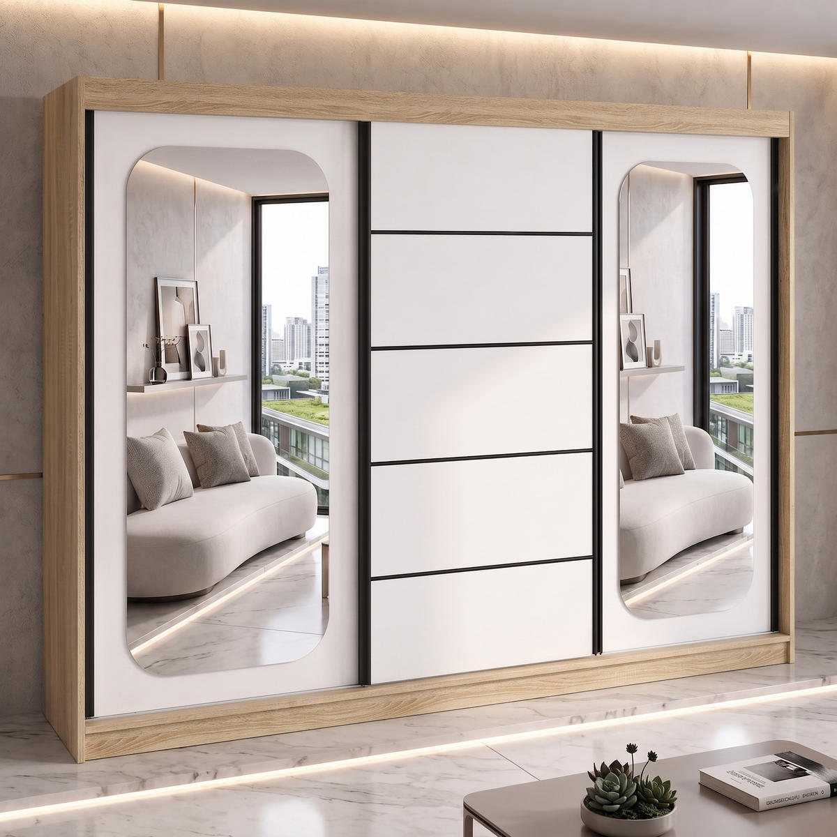 SCHWEBETÜRENSCHRANK BELANO 200 cm. Innenausstattung: Comfort plus - Braun/Weiß, Holzwerkstoff (200/215/59.5cm) - A&J MöbelLand