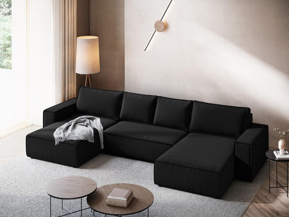 WOHNLANDSCHAFT Samt Stoff Schwarz - Schwarz, Kunststoff/Textil (398/82/185cm) - Makamii