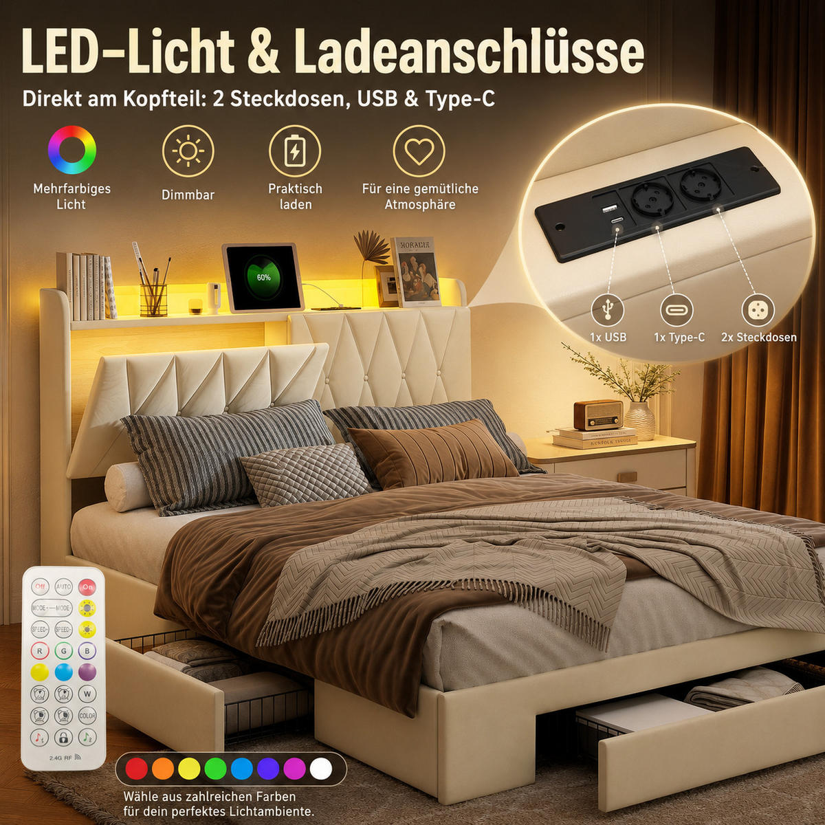 POLSTERBETT 160/200 cm mit Schubkasten‑Stauraum, LED‑Beleuchtung & USB‑Anschluss, Chesterfield‑Samtkopfteil - Beige, Holz/Metall (160/200cm) - Joyfair