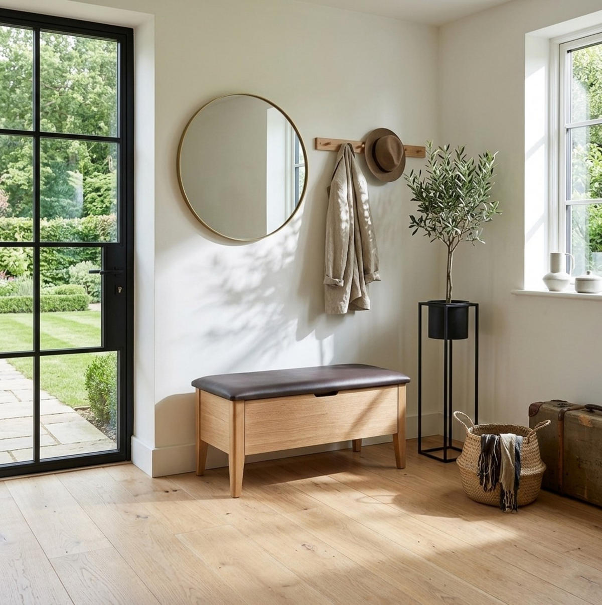 SITZBANK Oslo 90 cm, Eiche Natur, Leder Braun - Beige, Holz (90/42/42cm) - WOODEK